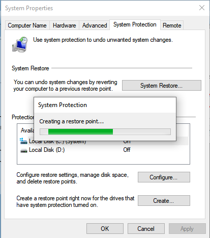 Windows System Protection: Creating a restore point...