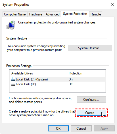 Windows System Protection - System Restore - Create a restore point.