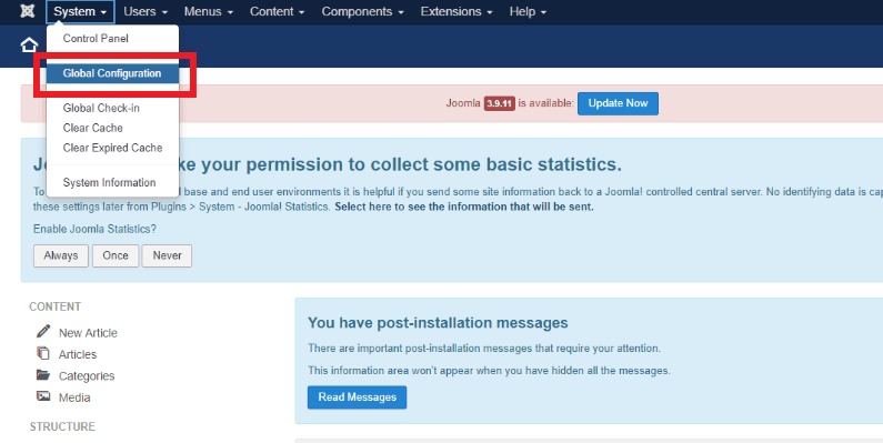 Joomla Security Best Practices: Go to System - Global Configuration.