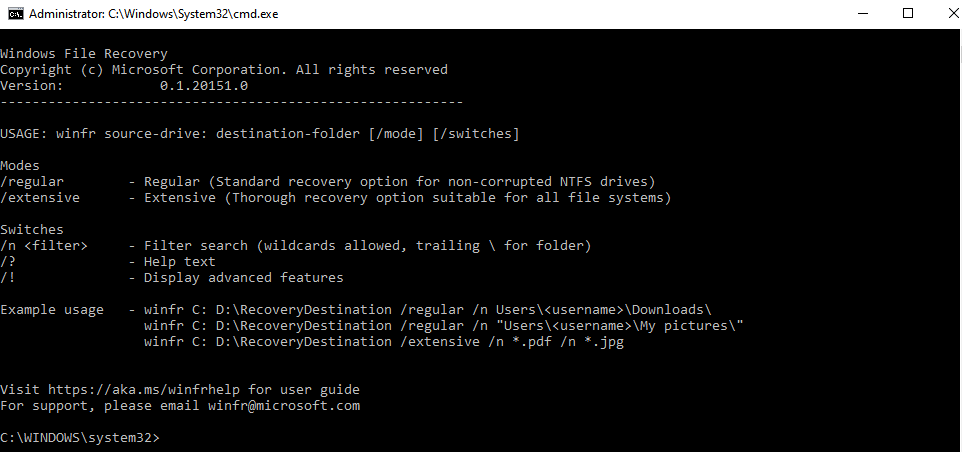 Windows File Recovery winfr command