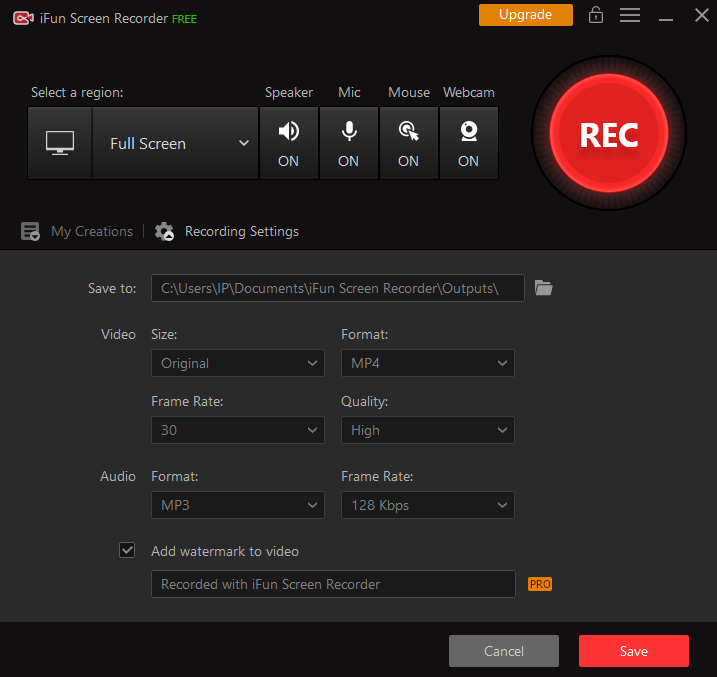 iFun Screen Recorder - Recording Settings - Video Size, Video Format, Video Frame Rate, Video Quality, Audio Format, Audio Frame Rate, Add watermark to video, Save video
