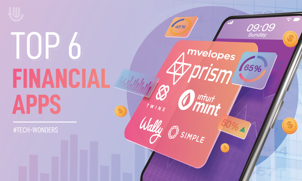 Top 6 Financial Apps: Mint, Wally, Simple, Twine, Prism, Mvelopes.