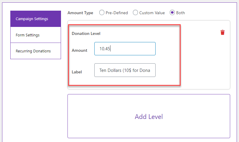 Campaign Settings: Donation Level