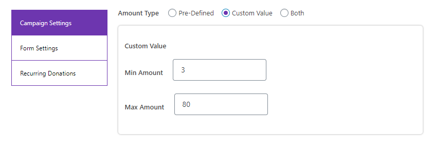 Donation Campaign Settings: Custom Value Min Amount and Max Amount