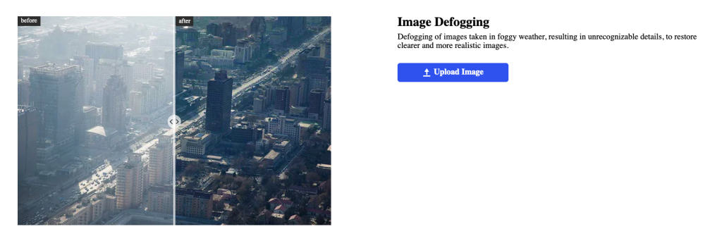 Defogging of images taken in foggy weather, resulting in unrecognizable details, to restore clearer and more realistic images.