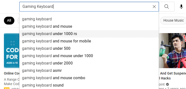 YouTube Search Recommendation for the keyword Gaming Keyboard