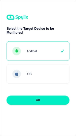 Spylix - Select the Target Device to be Monitored - Android or iOS