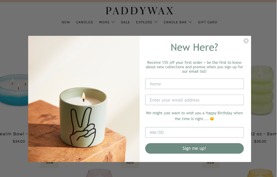 Paddywax.com Email Popup Sign me up!