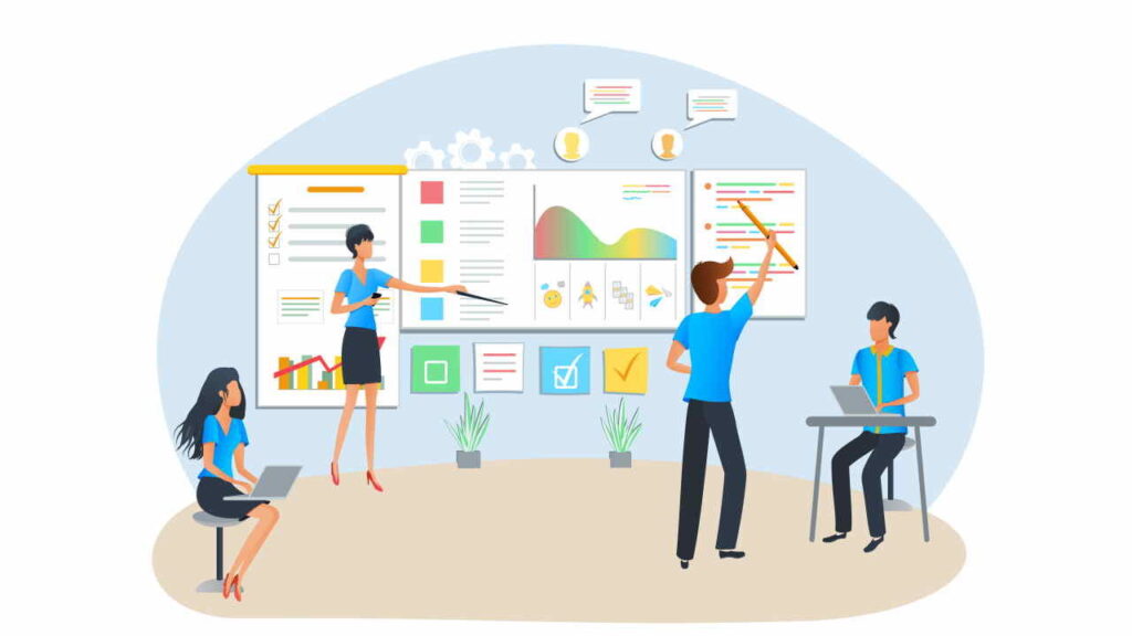 Vector concept of agile project management. Scrum task board. Team analyzing software development process. Business people and manager studying company analytics. Project planning and management.