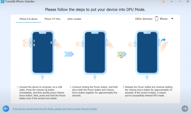 Instructions to put the iPhone in DFU or recovery mode