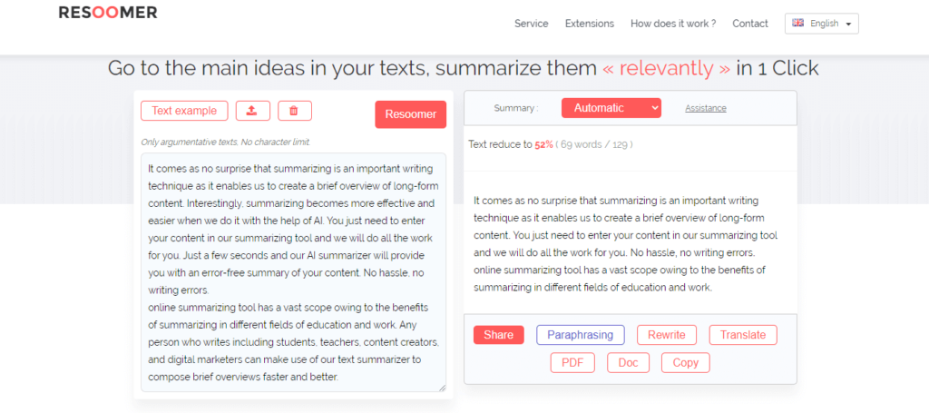Resoomer: Go to the main ideas in your texts, summarize them relevantly in 1 Click