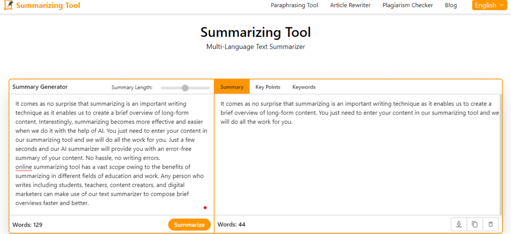 Summarizing Tool, Multi-Language Text Summarizer, Summary Generator