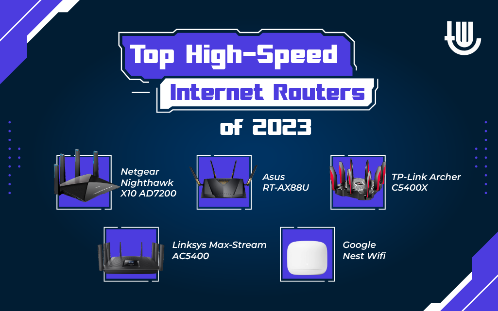 Top High-Speed Internet Routers of 2023 - Netgear Nighthawk X10 AD7200, Asus RT-AX88U, TP-Link Archer C5400X, Linksys Max-Stream AC5400, Google Nest Wifi