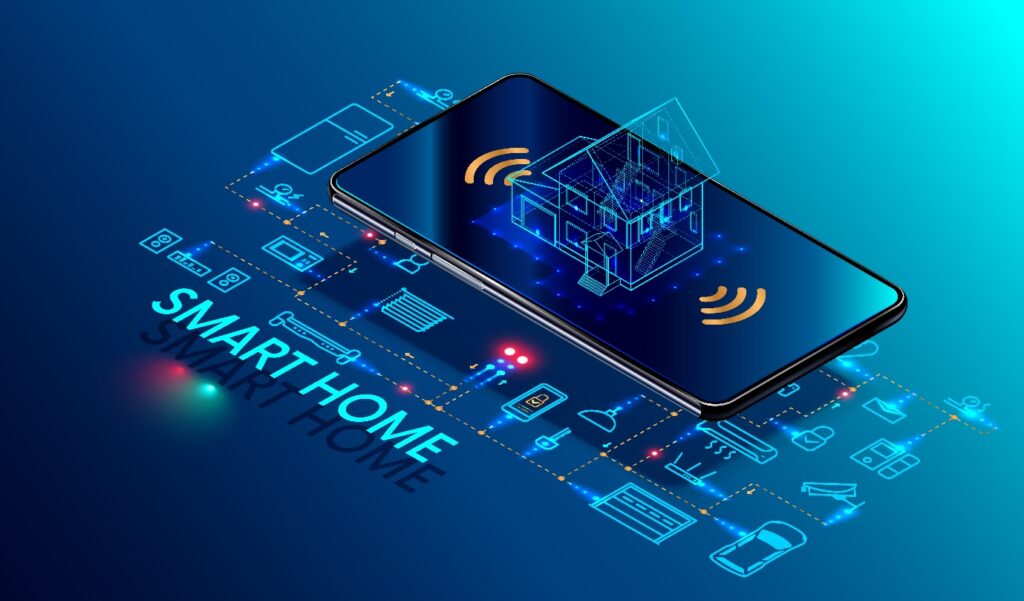 Smart home controlled smartphone. Internet of things technology of home automation system. Small house standing on screen mobile phone and wireless connections with icons home electronics devices.