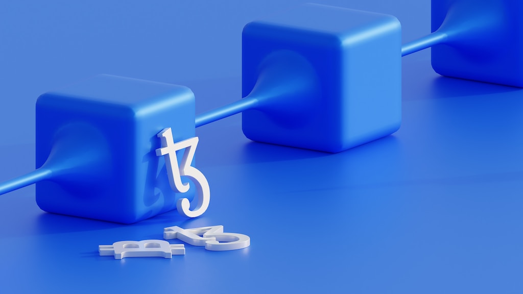 3D illustration of Tezos coin and Bitcoin beside of Blockchain blocks