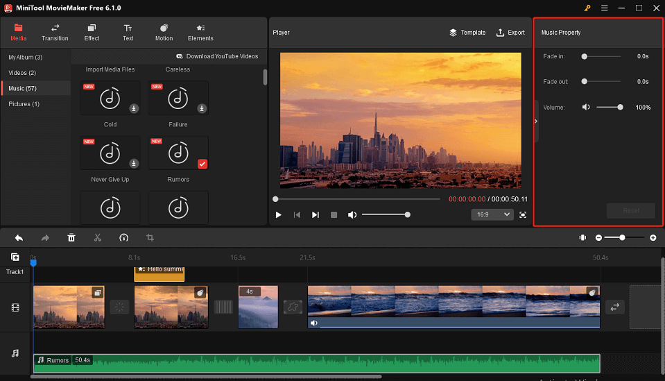 MiniTool MovieMaker Music Property: Fade in, Fade out, Volume.