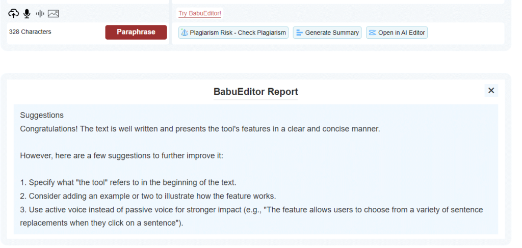 paraphrase tool babueditor report