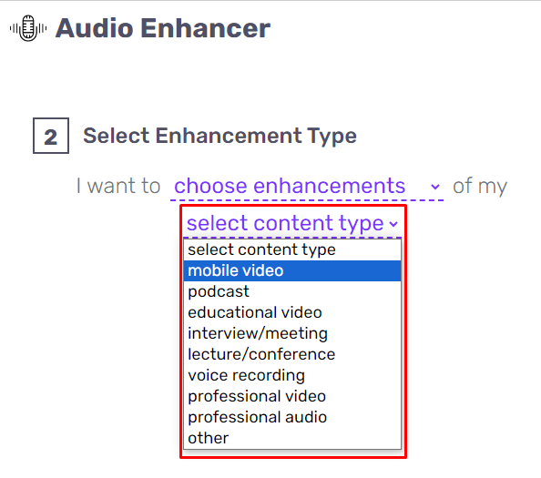 Audio Enhancer - Select Content Type - Mobile Video