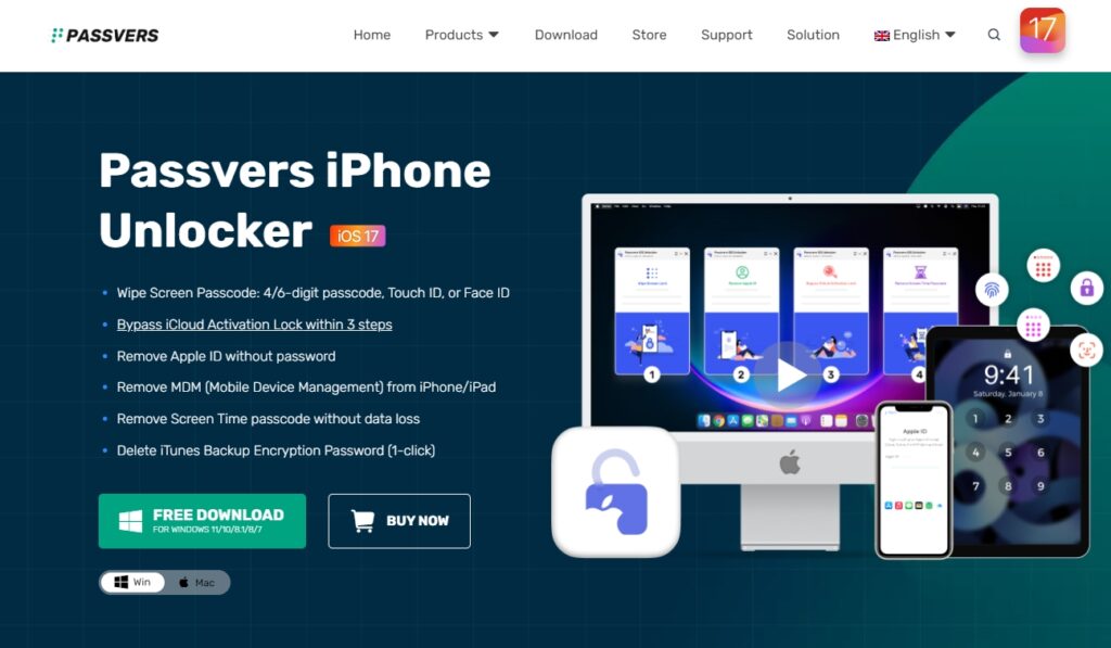 Passvers iPhone Unlocker Software: Wipe Screen Passcode. Bypass iCloud Activation Lock. Remove Apple ID without Password. Remove MDM (Mobile Device Management) from iPhone, Remove Screen Time Passcode without Data Loss. Delete iTunes Backup Encryption Password in 1-Click.