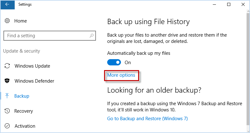 Backup your files to another drive and restore them if the originals are lost, damaged, or deleted. Automatically back up my files.
