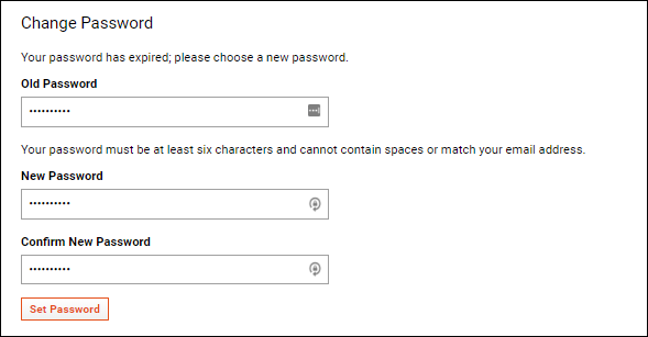 Change Password. Your password has expired; please choose a new password.