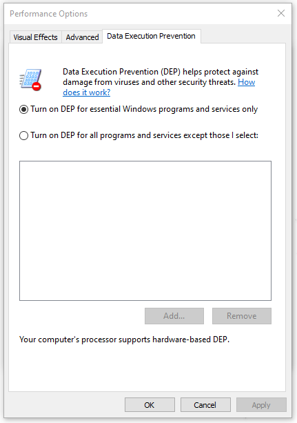 Data Execution Prevention (DEP) helps protect against damage from viruses and other security threats. Turn on DEP for essential Windows programs and services only.