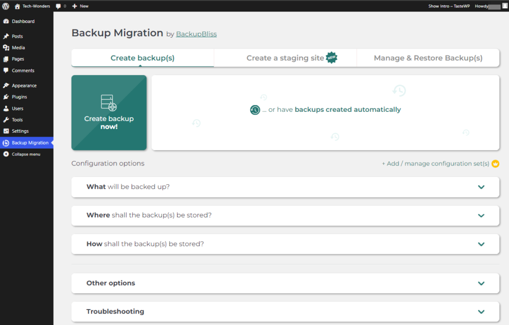 WordPress Backup Migration plugin: Create backup now!