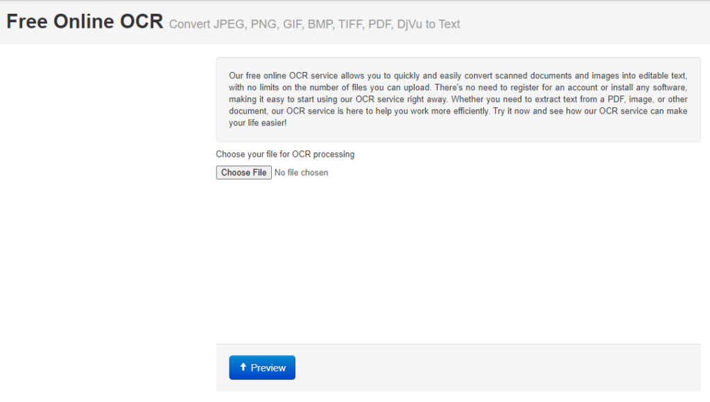 Free Online OCR. Convert JPEG, PNG, GIF, BMP, TIFF, PDF, DjVu to Text.