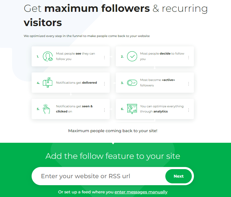 Get maximum followers and recurring visitors. Enter your website or RSS url.