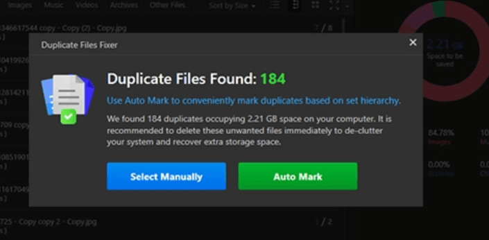 Duplicate Files Found. Use Auto Mark to conveniently mark duplicates based on set hierarchy. If is recommended to delete the unwanted files immediately to de-clutter your system and recover extra storage space.