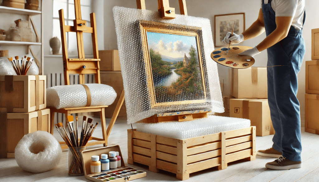 An image showcasing a safe and organized process for transporting paintings and art materials. A detailed scene of an art transport process focused on protecting delicate artwork, showing an easel with a canvas painting being carefully wrapped