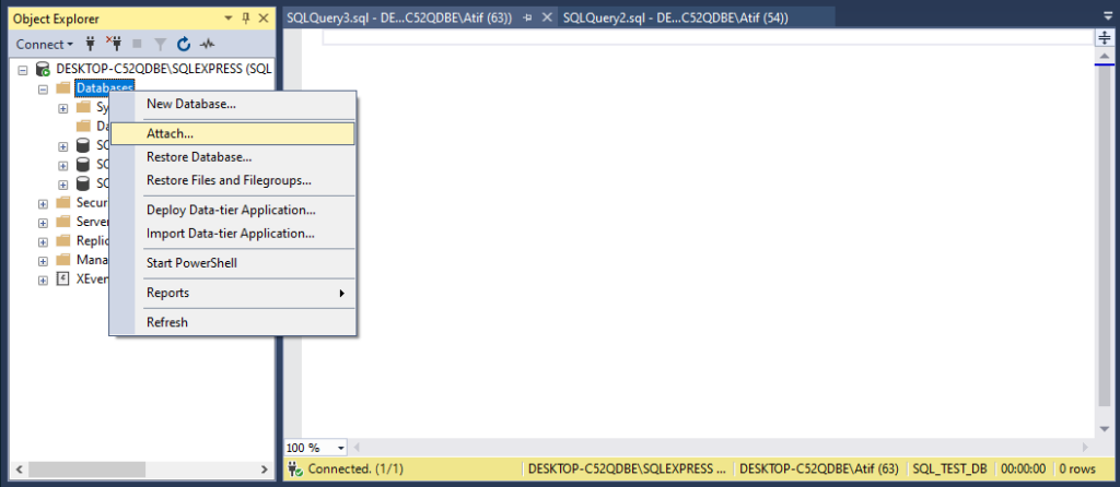 Attach Database using SQL Server Management System (SSMS)