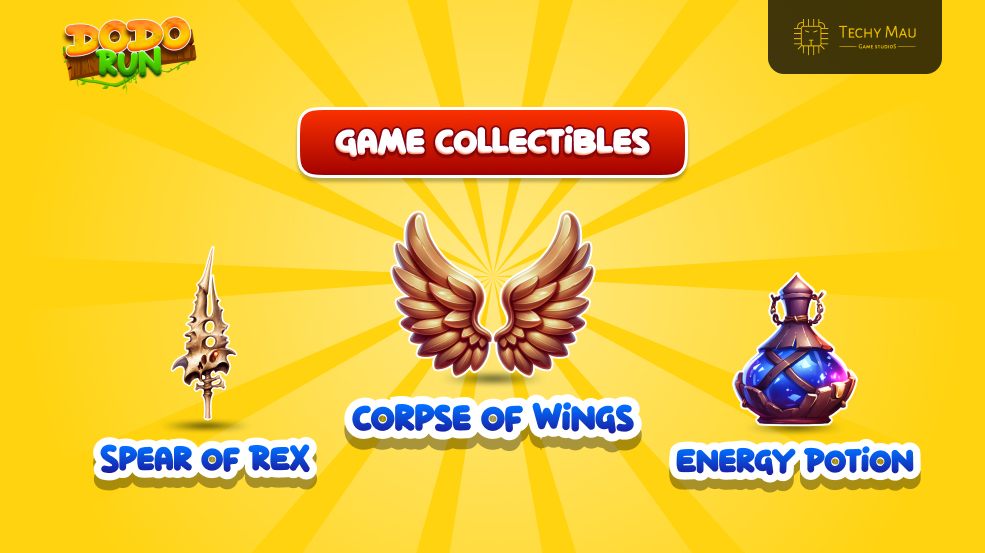 Dodo Run Game Collectibles: Corpse of Wings, Energy Potion, Spear of Rex.