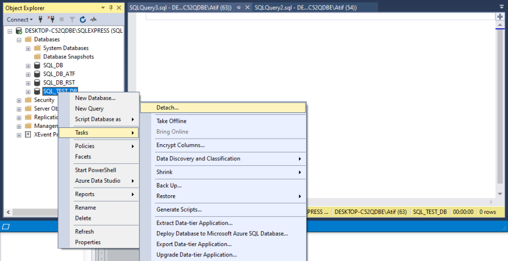 Database detach from SQL Server using SQL Server Management Studio (SSMS)