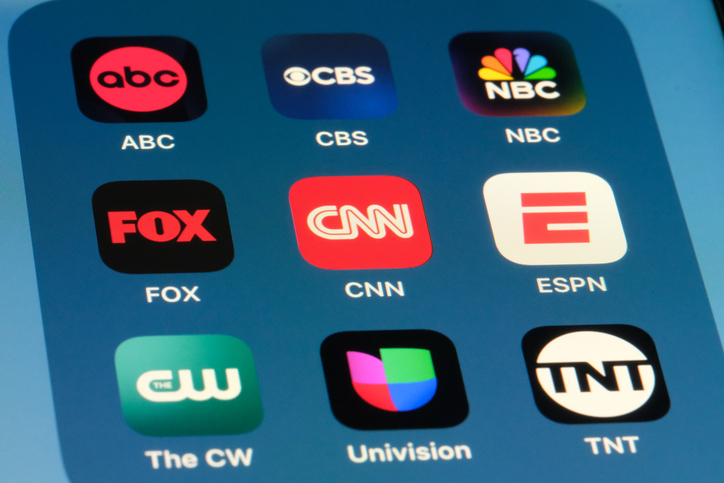 ABC, CBS, NBC, FOX, CBB, ESPN, The CW, Univision, TNT mobile app icons.