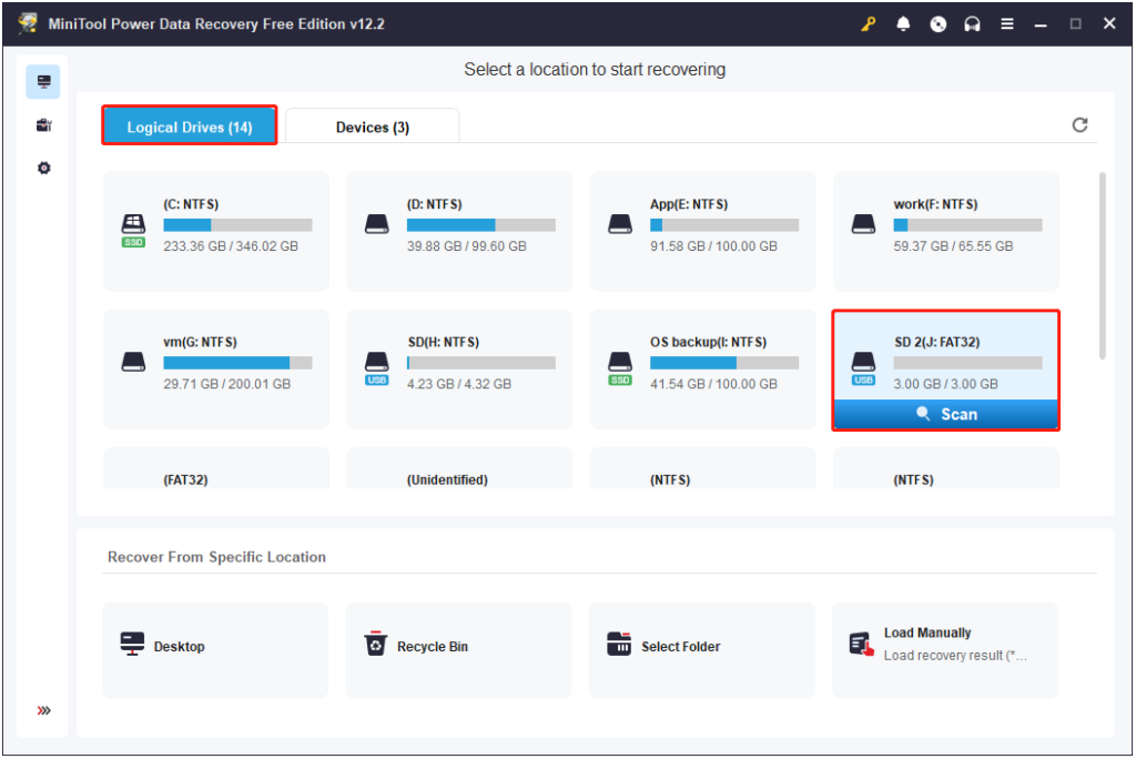 Select the USB drive to scan for files