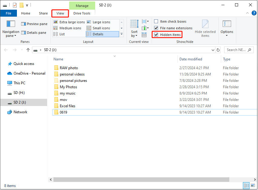 Show Hidden files or View Hidden items.