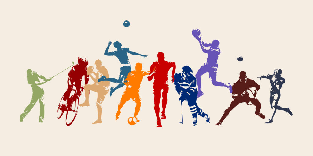 Sports, set of athletes of various sports disciplines. Run, soccer, hockey, volleyball, basketball, rugby, baseball, american football, cycling, golf.